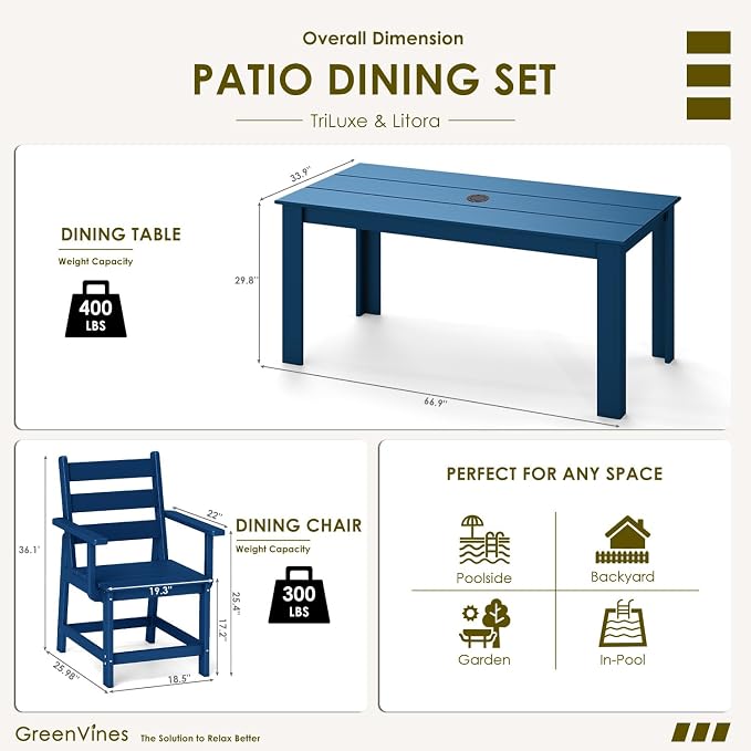 GREENVINES 7 Piece HDPE Outdoor Patio Dining Set, Removable Armrests, Blue