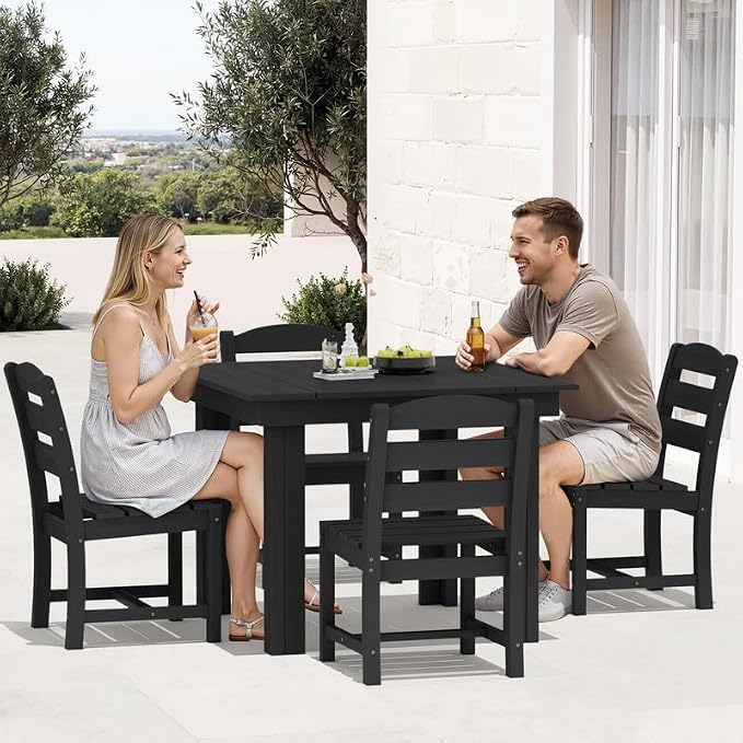 KINGYES 5-Piece HDPE Outdoor Dining Set for 4, Square Patio Table & Armless Chairs with Umbrella Hole, All-Weather Patio Dining Set for Backyard, Garden, Lawn & Poolside, Black