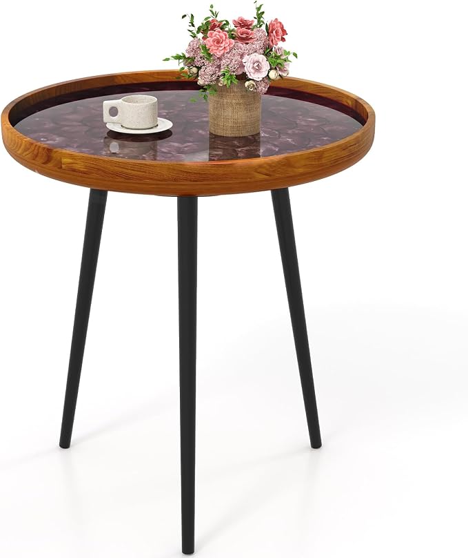 Giantex Outdoor Side Table, Round End Table with Epoxy Resin Finish, Sea Shell Decoration, Mahogany Wood Frame, Tray Top, Patio Side Table for Living Room, Pool, Yard, Porch (Brown, 20” x 20” x 21.5”)
