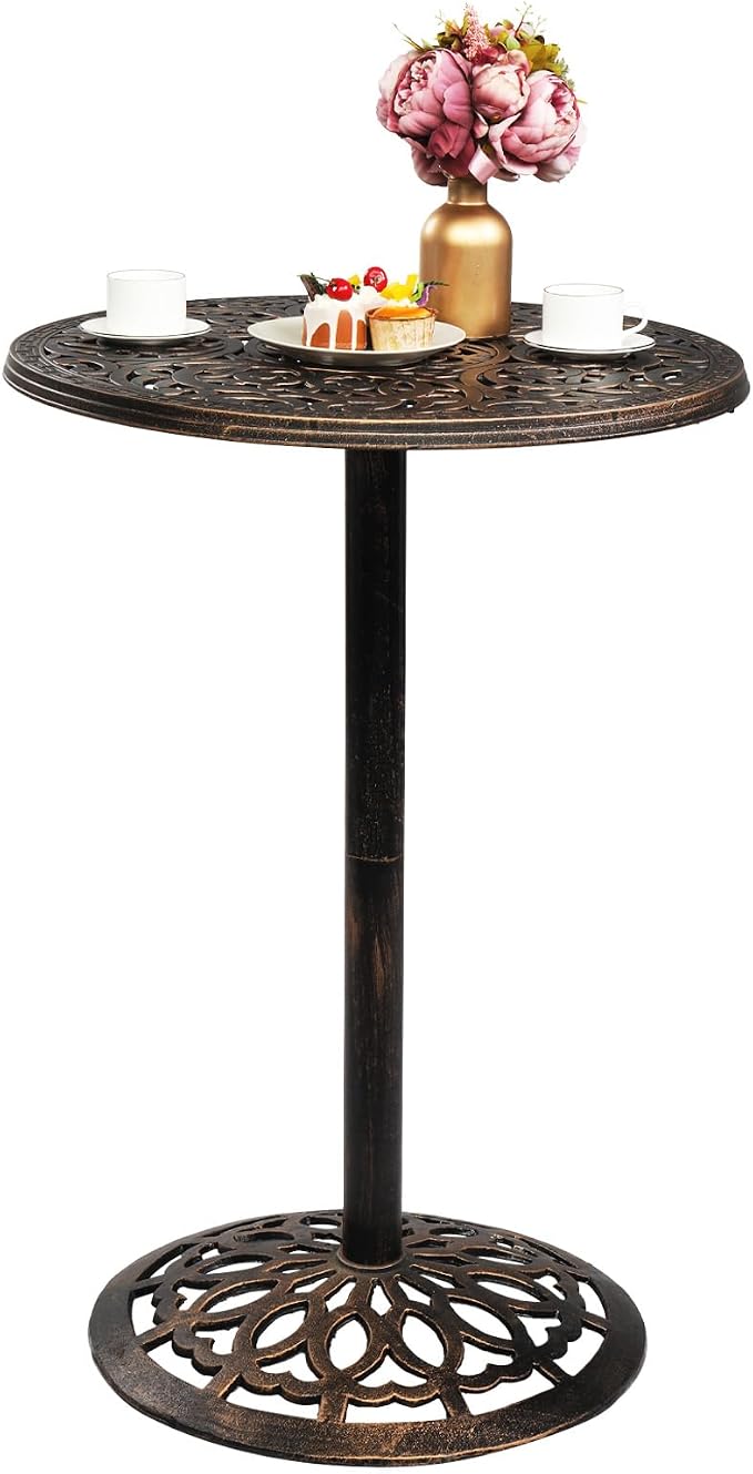 Outdoor Bistro Pub Table, Round Patio Bar Height Cocktail Table,Outdoor Bar Cast Aluminum, High Top Furniture Garden,for Dining Home,Bronze