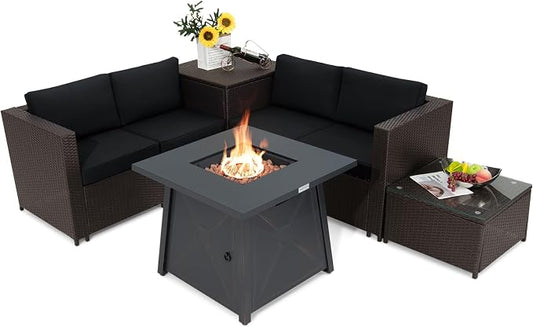 Tangkula 5 Piece Patio Furniture Set with 50,000 BTU Propane Fire Pit Table, Outdoor Wicker Conversation Set w/Cushions, Storage Box and Tempered Glass Coffee Table, 30" Gas Fire Pit Table (Black)