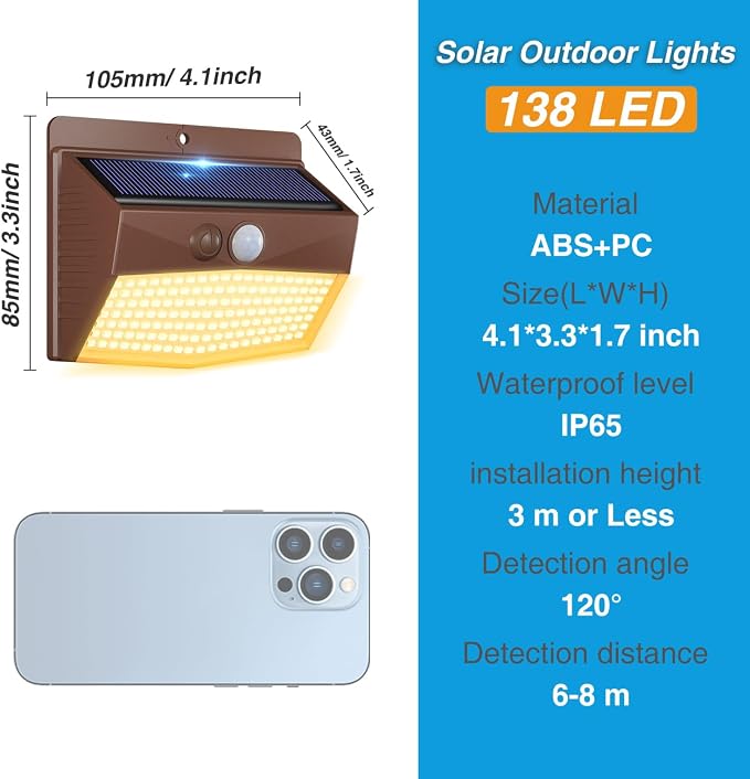1 Pack Solar Motion Lights Outdoor, Solar Security Light with 3 Modes, IP65 Waterproof Flood Lights Outside for Camping Garden Patio Garage Backyard, Brown Warm