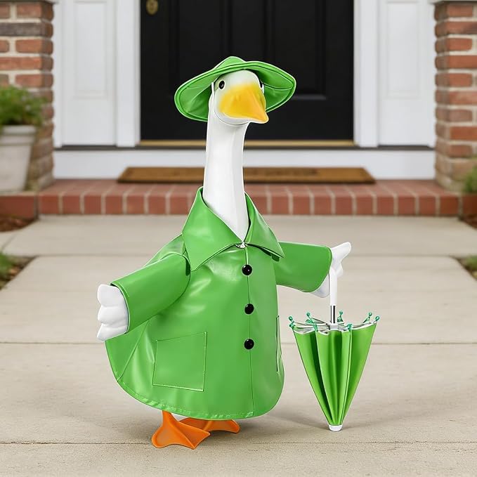 STONESTAR Raincoat Porch Goose Outfits with Umbrella Hat, Goose Spring Outfit Lawn Goose Raincoat Clothes Costume Fits 23" Geese Statue, Summer Garden Lawn Patio Yard Outdoor Decor (Raincoat-Green)
