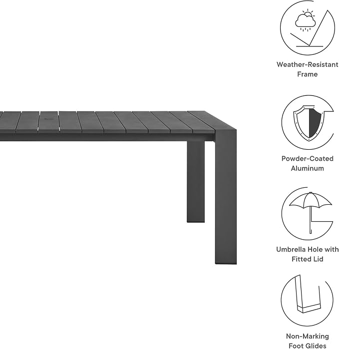 Modway Tahoe Outdoor Patio Powder-Coated Aluminum Rectangular Dining Table in Gray - Large 83 Inch Patio Table with Umbrella Hole and Cover - 8 Person Dining Table - Slatted Patio Furniture Table