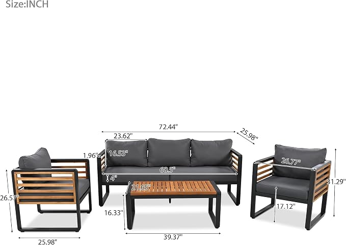 Large 4-Piece Outdoor Patio Sofa Set for 5 People, Metal & Acacia Wood Frame, Removable Cushions, Thick Comfortable Seats, Conversation Furniture with Table, Modular Garden and Backyard Set, Gray