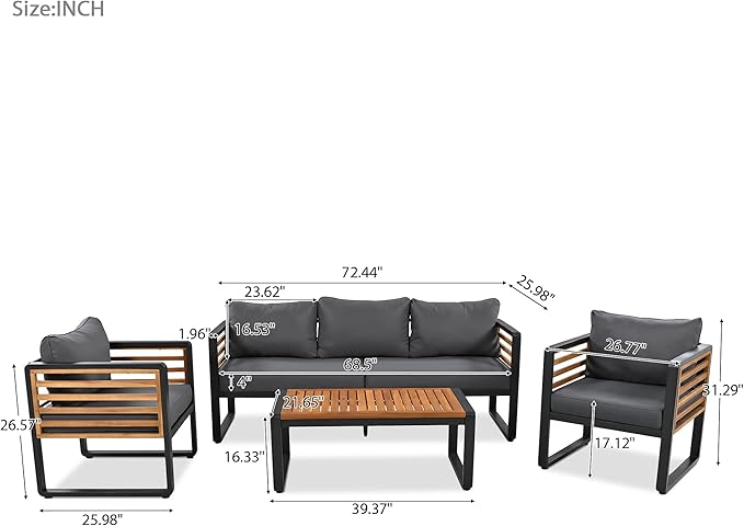 SOFTSEA 4-Piece Patio Acacia Wood Sofa Set, Outdoor Conversation Set with Heavy Duty Metal Frame & All Weather Cushions, Acacia Wood Sofa Set with Coffee Table for Balcony, Poolside, Grey