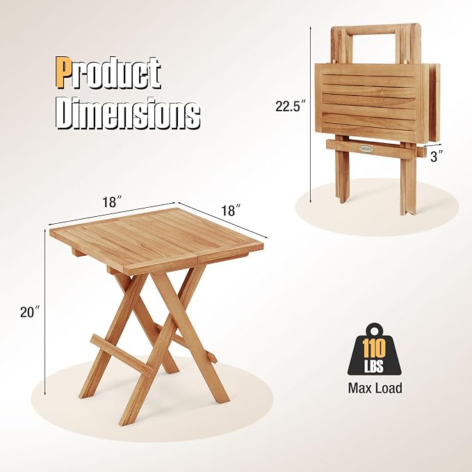 RELAX4LIFE Folding Outdoor Side Table - Teak Wood End Table, 18’’ Square Coffee Bistro Table w/Slatted Tabletop, Portable Picnic Camp Table for Poolside Porch Garden, Foldable Small Patio Table
