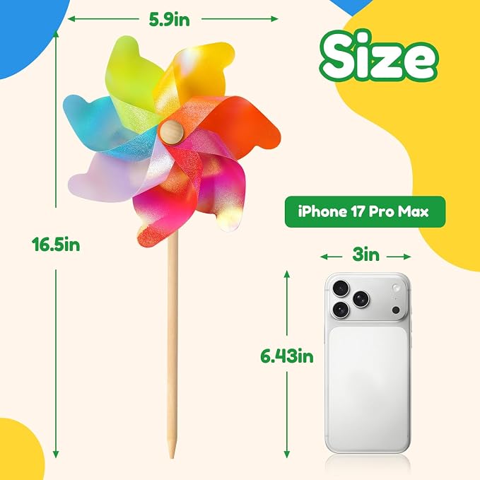 IilLittle 10 Pack Rainbow Pinwheel, Pinwheels for Kids | Assembly Instructions Included, Easy Assembly, Wooden Pole, PP Plastic, Waterproof, Sturdy