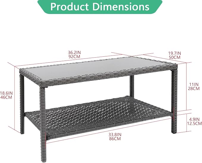 Helios&Hestia Rectangle All Weather Rattan Wicker Outdoor Coffee Side End Table with Glass Top for Patio, Deck, Backyard, Garden, Grey
