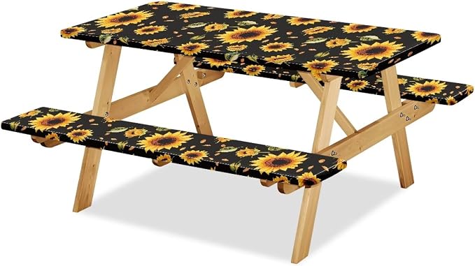 Sunflower Leaf Picnic Table Cover with Bench Covers Waterproof Rectangle Tables Patio Tablecloth Camping Gear and Essentials Rv Accessories Road Trip Supplies Car Travel Must Haves