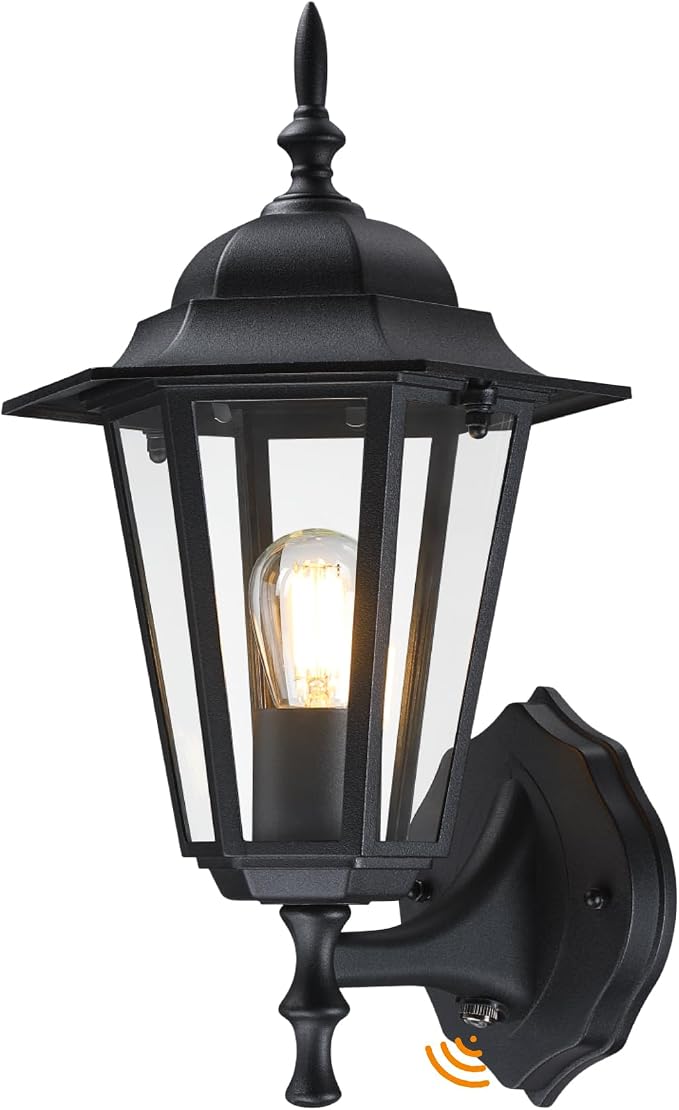 GRUENLICH Outdoor Wall Light Fixture, Rustproof Aluminum, Glass | Dusk to Dawn Exterior Porch Light Wall Sconce Lantern for House, Patio, Garage, Waterproof, E26 Socket 60W Max, Black, 1 Pack
