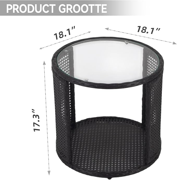 Kinfant Round Outdoor Wicker Coffee Table – Patio Side Table with Tempered Glass Top, Ottoman Style End Table for Balcony, Porch, Deck, Garden, Weather-Resistant Rattan, Easy Assembly, Black