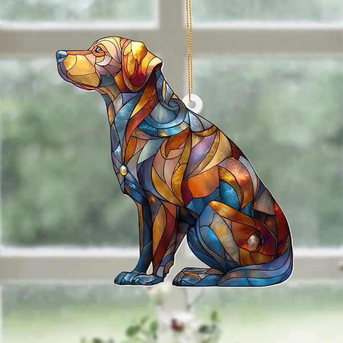Acrylic Stained Glass Style Dog Ornament – Labrador Retriever Window Hanging Suncatcher, Pet Memorial Keepsake for Dog Lovers, Christmas Tree Decoration, Animal Decor Gift(Sun-07)