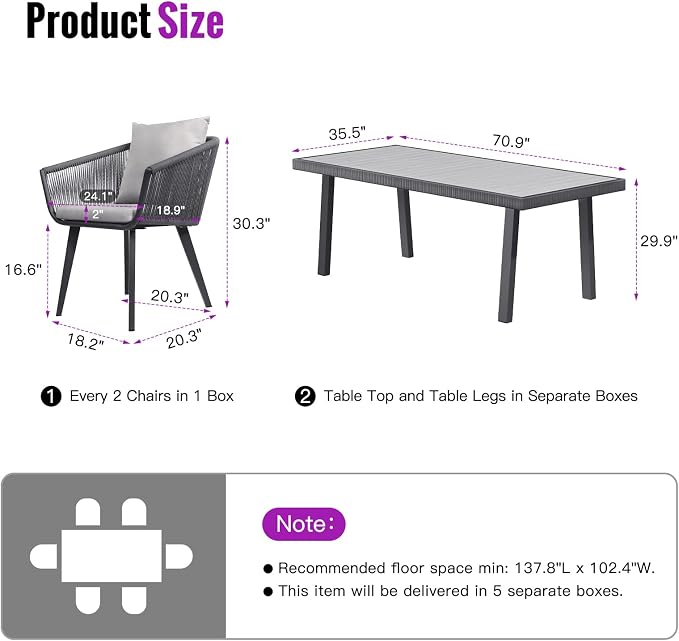 Astomi 7 Pieces Outdoor Patio Dining Set, Rattan Patio Furniture Table and Chairs for 6 with Cushion, for Backyard, Balcony, Garden (Dark Grey)