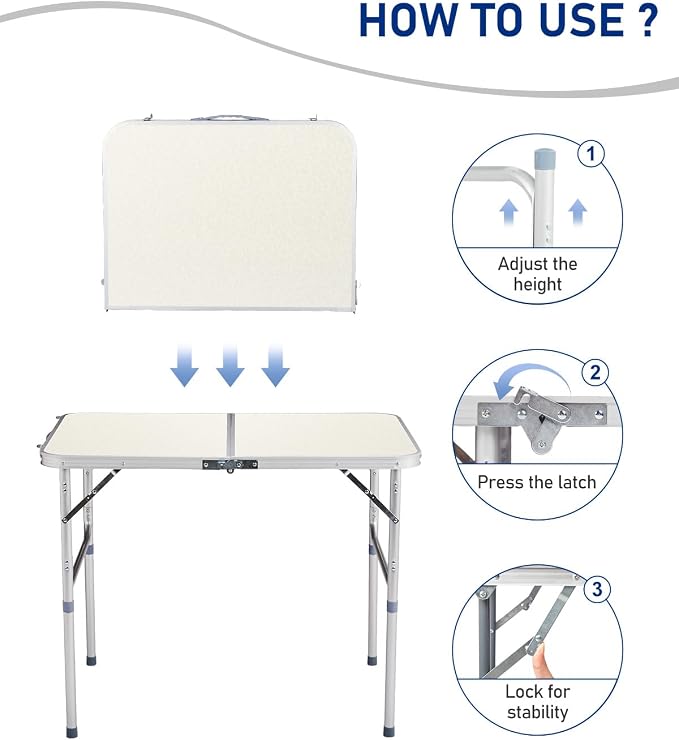 Outvita 3ft Portable Folding Camping Table, Outdoor Waterproof Adjustable Height Table, Aluminum Lightweight Suitcase Foldable Table for Picnic BBQ Beach Dining