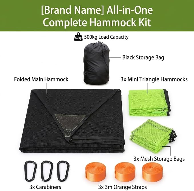 Multi-person triangular hammock, aerial camping hammock, suspended type, suitable for outdoor adventures, hiking, backyards, and gardens, includes straps, buckles, and storage bag (Green, 110in*110in)