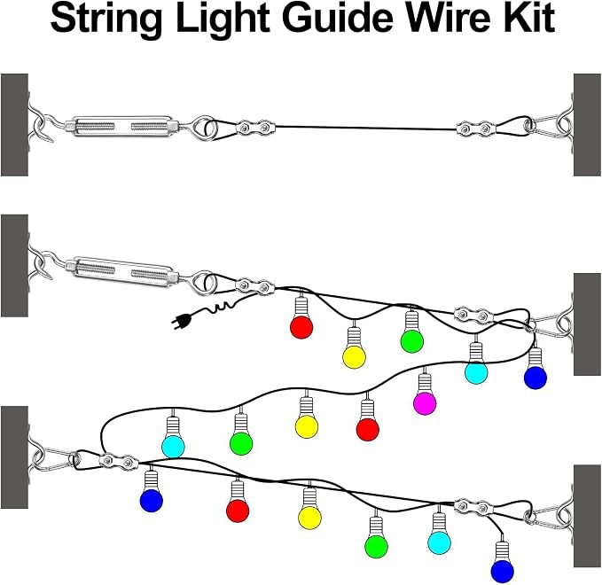 BLIKA String Light Hanging Kits, 250FT Coated Stainless Steel 304 Wire Rope | Outdoor Light Guide Wire, Globe String Light Suspension Kit Included Turnbuckles, Enough Accessories, Use Manual