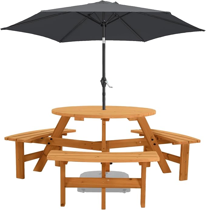 VINGLI Wood Picnic Table Outdoor Round Picnic Table with 7.5ft Umbrella and 4 Built-in Benches, Outdoor Dining Tables and Chairs 550 LBS Bench Capacity (Gray, Round)