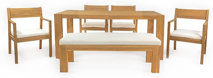 RUNNA 6-Piece Patio Dining Table Set, Outdoor Furniture Sets with Umbrella Hole, 71" Rectangular Table, Chairs and Bench with Removable Cushions for Backyard, Garden, Poolside (Beige,Light Teak)
