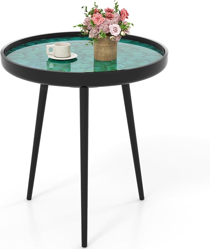 Giantex Outdoor Side Table, Round End Table with Epoxy Resin Finish, Sea Shell Decoration, Mahogany Wood Frame, Tray Top, Patio Side Table for Living Room, Pool, Yard, Porch (Green, 20” x 20” x 21.5”)