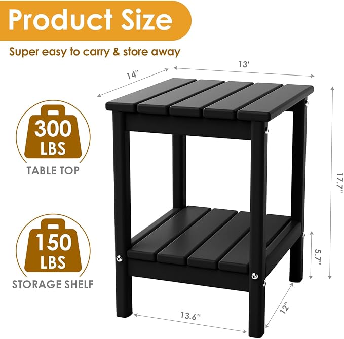 IVY&LANE Adirondack Outdoor Side Table | HDPE Plastic | Patio End Tables with Storage | 2-Shelf | Weather Resistant | Black | 14 x 13 Inches | for Outside Porch Deck Backyard Indoor