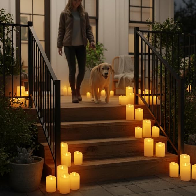 Outdoor Indoor Flameless Candles, Patented 3D Dual-LED, Set of 3 Slanted Top Durable Plastic Pillars with Remote, Table Centerpiece for Living Room Shelf, Non-Melting Battery Candles (Ivory)
