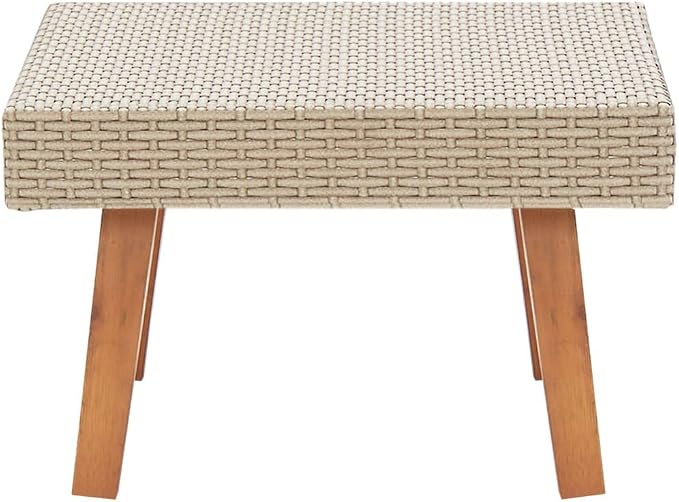 Patio Coffee Table Beige Synthetic Poly Rattan Outdoor Furniture for Garden Terrace Balcony Low Square Center Table with Powder Coated Metal Frame Teak Finish Accents