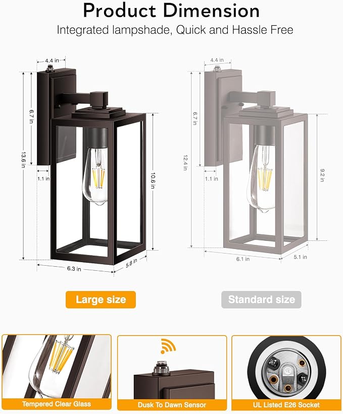 VIANIS Large Dusk to Dawn Porch Lights Outdoor, Oil Rubbed Bronze Exterior Light Fixture Wall Mount, Modern Outdoor Wall Sconce Lantern for Front Door, Outside Garage Lights for House Coach Patio