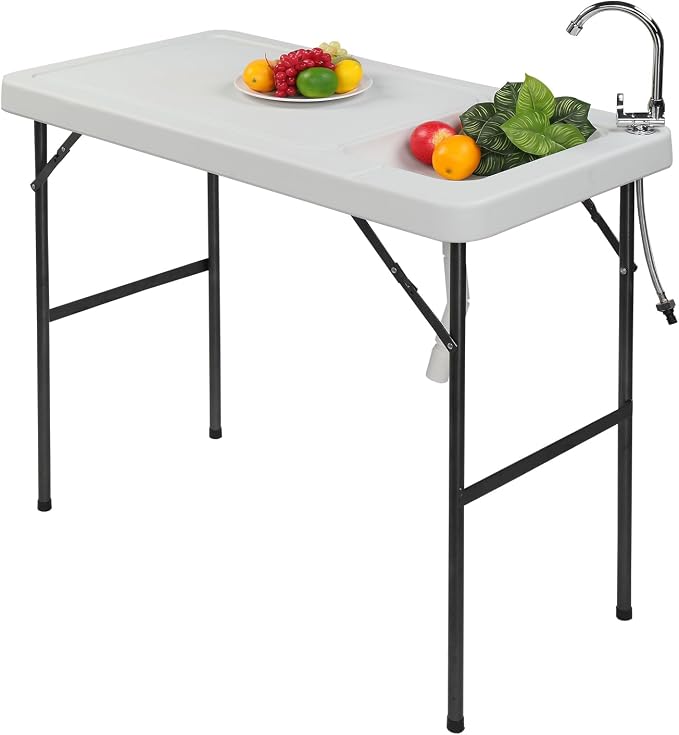 Folding Fish Cleaning Table with Sink and Spray Nozzle, Heavy Duty Fillet Table with Hose Hook Up and Faucet, Portable Outdoor Camping Sink Station for Dock Beach Patio Picnic
