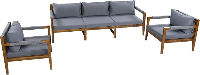 JIVOIT 3 Pieces Outdoor Rope Woven Sectional Sofa Set, Solid Acacia Wood Patio Conversation Set with Three-Seater Sofa and 2 Armchairs, Removable Cushions for Backyard, Deck and Poolside (Grey/24)