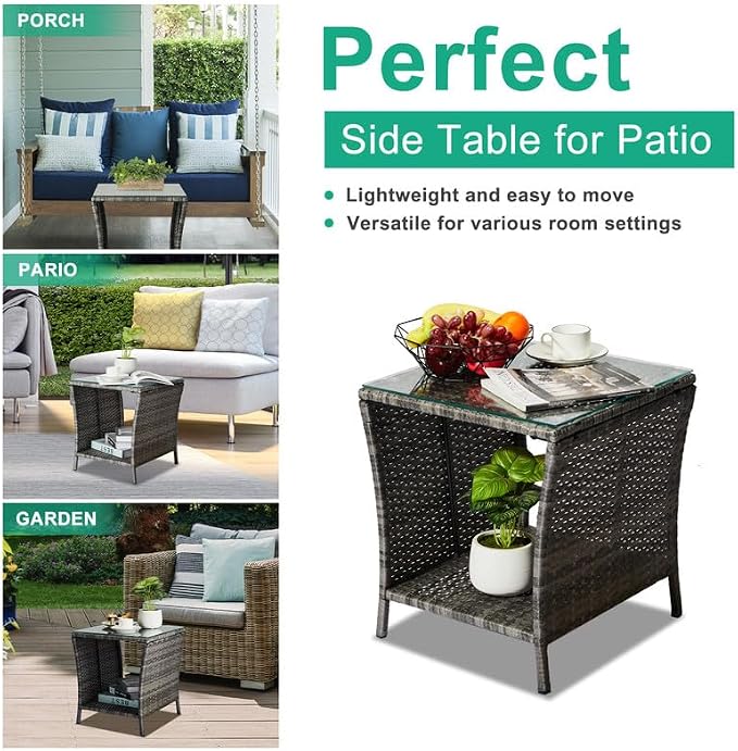 NOLLAM Patio Wicker Side Table, Outdoor PE Rattan End Table with Glass Tabletop and 2-Tier Storage Shelf, 18"" Square Coffee Table for Outside Deck Porch Garden Backyard, Load 110 LBS, Gray, Grey