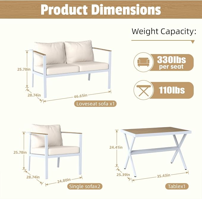 Aug-guan Aluminum Patio Furniture Set 4 Piece, Outdoor Conversation Set with 5" Cushions, Olefin Fabric, Rustproof Frame, Non-Slip Feet, Compact Patio Sofa Set for Balcony, Backyard, Porch,White