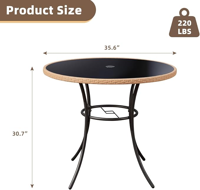 ECOTOUGE Outdoor Round Patio Desk, Wicker Dining Table with Umbrella Hole, Tempered Glass Top for 4-5 Persons, Bistro Rattan Furniture Garden Tables for Balcony, Backyard, Black