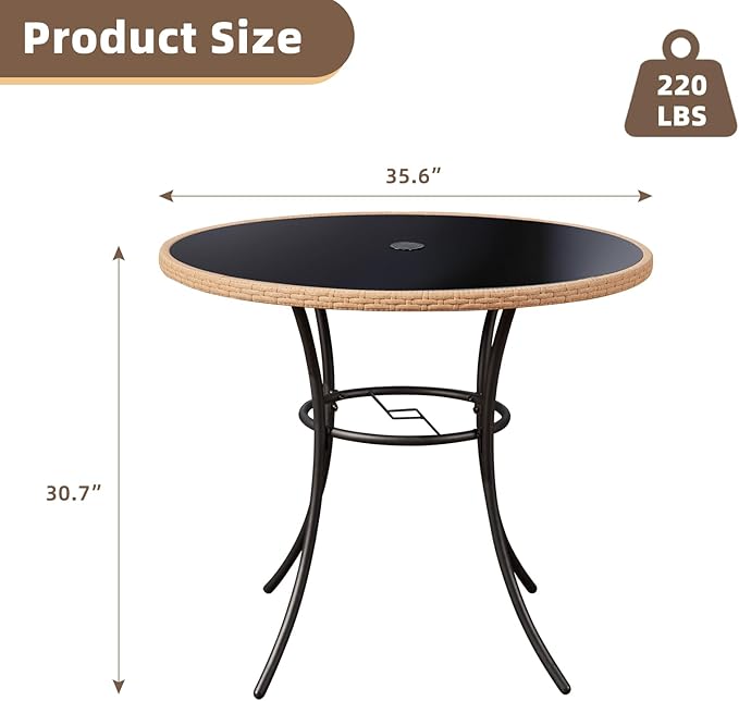 AVAWING 35.6-Inch Round Outdoor Dining Table for 4-6, All-Weather Steel Frame & Glass Tabletop with Umbrella Hole, Patio Furniture for Garden, Backyard, Poolside, Black(Only Table)