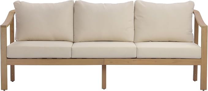 Merax Outdoor 78" Acacia Wood 3-Seater Sofa with All-Weather Coushions | Patio Sofa with Deep Seat for Porch, Lawn, Backyard, Balcony, Teak+ Beige