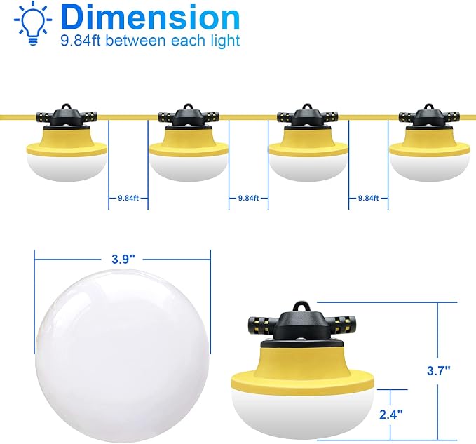 New Upgrade 50FT Construction String Lights LED Industrial Grade 3Prong | Best for Construction Sites,Renovation, Walkways,Patio,Mine cave,Outdoor Lighting Solutions Use,Free for Climbing Hook
