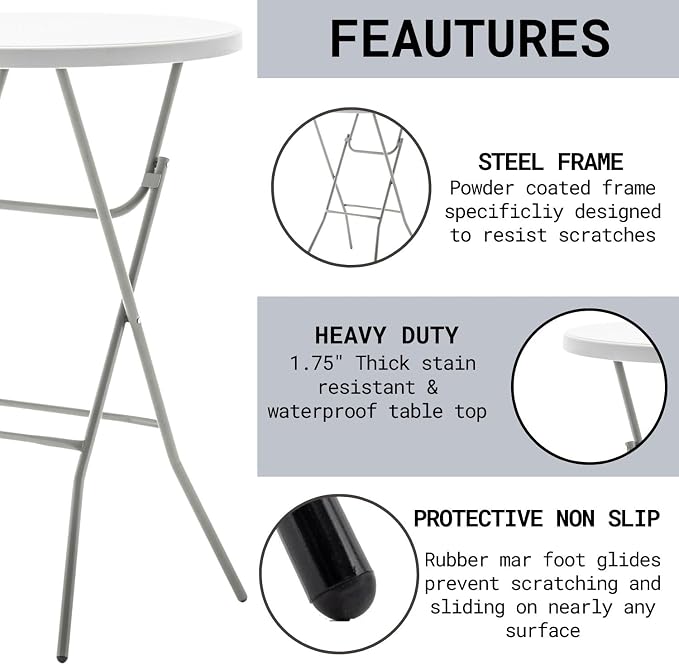 BTEXPERT Set of 2, White 2.63 Ft 32in Round Plastic Bar Height Folding Table 330lb Weight Capacity Indoor Outdoor Accessory for Patio Backyard Dining Wedding Party Events Home, Thick Top Metal Frame