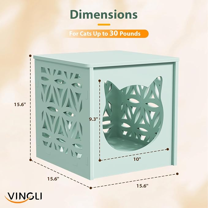 VINGLI Outdoor Side Table with Cat House and LED Light, 15.6" Resin Waterproof Square Side Table End Table for Patio Garden Balcony Porch (Green)