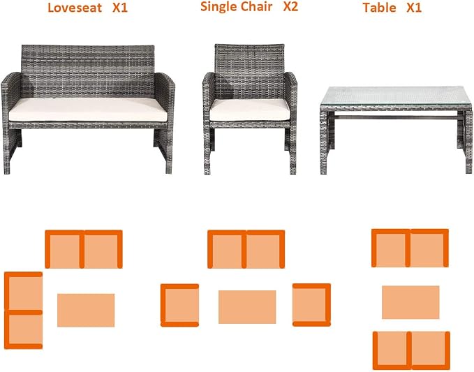 Outdoor Conversation Set, 4 Pieces Wicker Patio Furniture Set with Ergonomic Curved Design, Patio Chair Set with Water-Resistant Cushion & Tempered Glass Table for Backyard, Porch(Beige)