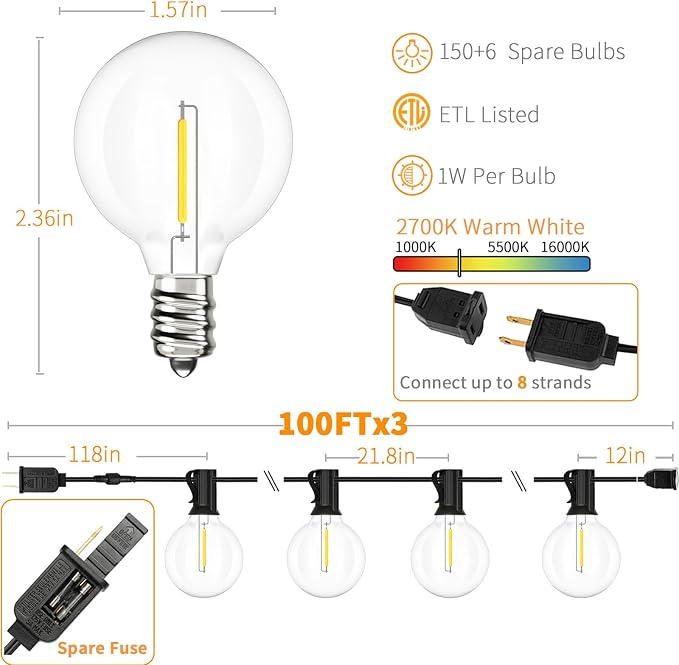 Svater 300 FT Outdoor String Lights for Outside Patio 156 Bulbs Waterproof | Commercial Grade Hanging Globe Lighting, Shatterproof G40 LED Bulbs, For Bistro Cafe Market Backyard Warm White (3*100)