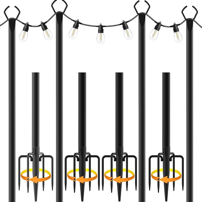 Mutovlin 4 Pack String Light Poles,10 Ft Light Poles for Outside String Lights,Outdoor Lights Pole with Fork,Metal Poles Stand for Patio Deck Backyard (10FT 4 Pack)