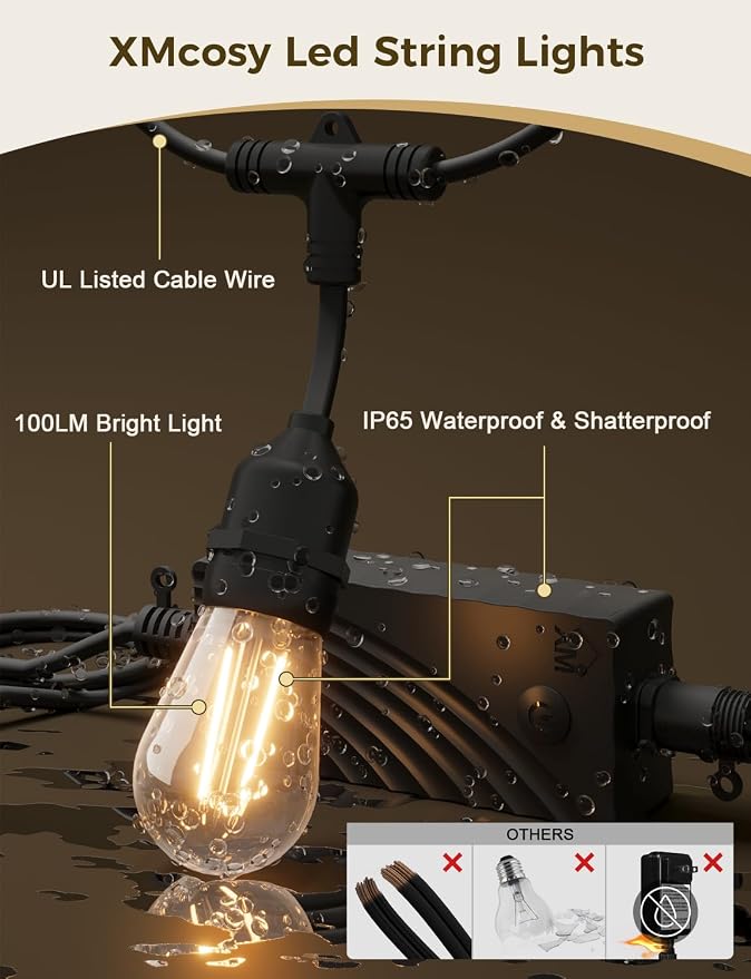 XMCOSY+ Outdoor String Lights, 123FT Smart Dimmable Edison Bulb Patio Light | Smart App & Voice Control LED String Lights, Custom Schedules, Dimming, Warm White Light for Outside, Yard,Porch, Warerproof