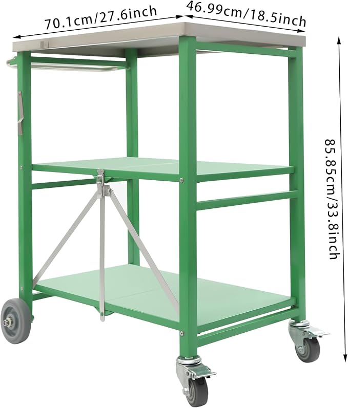 Foldable Outdoor Grill Table with 2 Total Lock Casters, Stainless Steel Pizza Oven Stand, 3 Shelf Folding Kitchen Island, Green, 27.6 x 18.5 (Silver, Green)