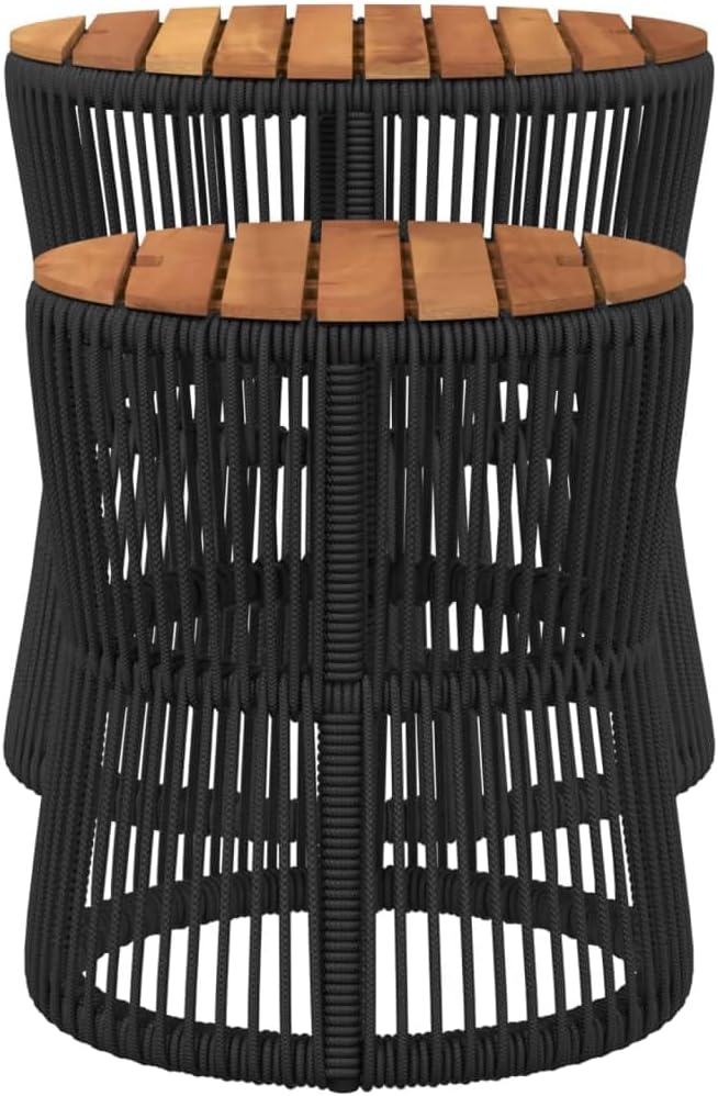 vidaXL Patio Side Tables Set - 2 Pcs, Wooden Top, Black Poly Rattan, Nesting Design, Outdoor Garden Furniture, Elegant & Space-Saving, Acacia Wood Tabletops, Ideal for Backyard or Patio, 19.7" & 15"