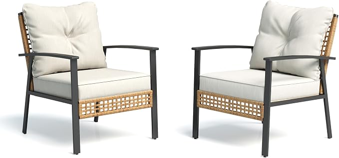 LAUSAINT HOME Outdoor Rattan Bistro Set, Patio Furniture Wicker Chairs Set of 2 with Deep Seating and Thick Cushions, Oversize Conversation Set for Garden, Balcony and Backyard (Beige)