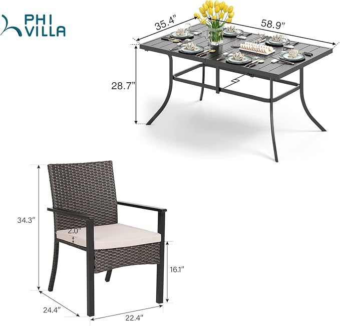 PHI VILLA 7 Piece Patio Dining Set, 60” Rectangular Table, Rattan Chairs | Outdoor Dining Set for 6, Metal Dining Table with Umbrella Hole, Wicker Chairs with Cushions for Patio, Deck, Porch