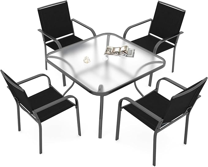 Outdoor Patio Dining Set of 5 with Black Chairs and 37" Square Glass Table | 4 Piece Stackable Chairs Textilene Seat and Back, Table & Chair with Metal Frame, Square Glass Table Top, 1.7" Umbrella Hole