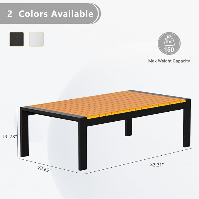 Aluminum Outdoor Patio Coffee Table for for Deck, and Poolside (Black, Dark Teak)