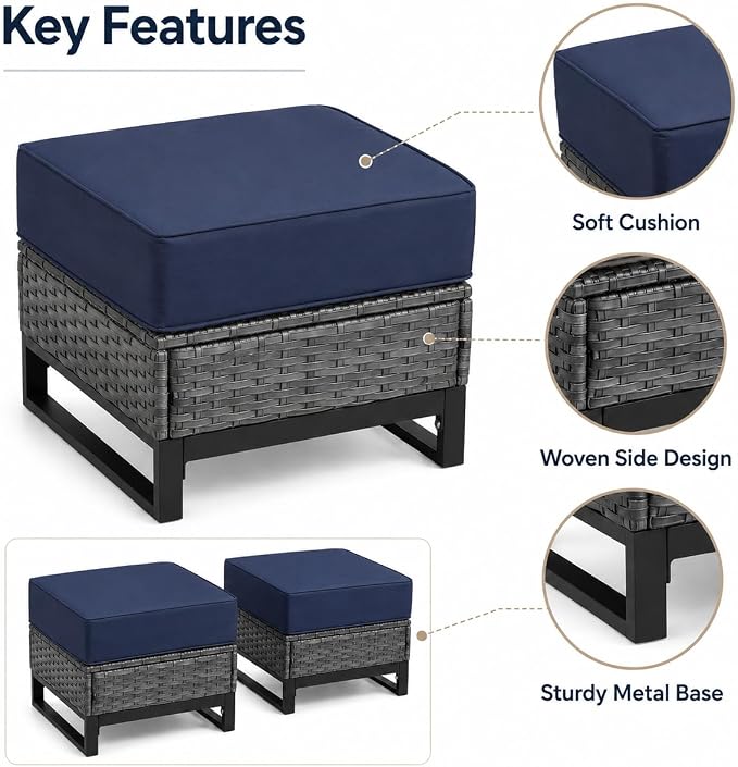 Outdoor Ottomans Set of 2, PE Wicker Patio Footstools with Removable Cushions, All-Weather Rattan Outdoor Ottoman Set for Patio, Backyard, Garden, Porch, Blue