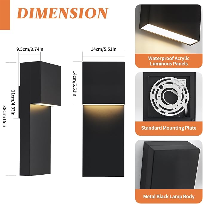 Modern LED Outdoor Wall Sconce, 15'' 20W Outdoor Light Fixture Exterior Wall Lights, Black LED Front Porch Lights Outside Wall Mount Lighting for House, Backyard, Warm White 3000K, 1 Pack